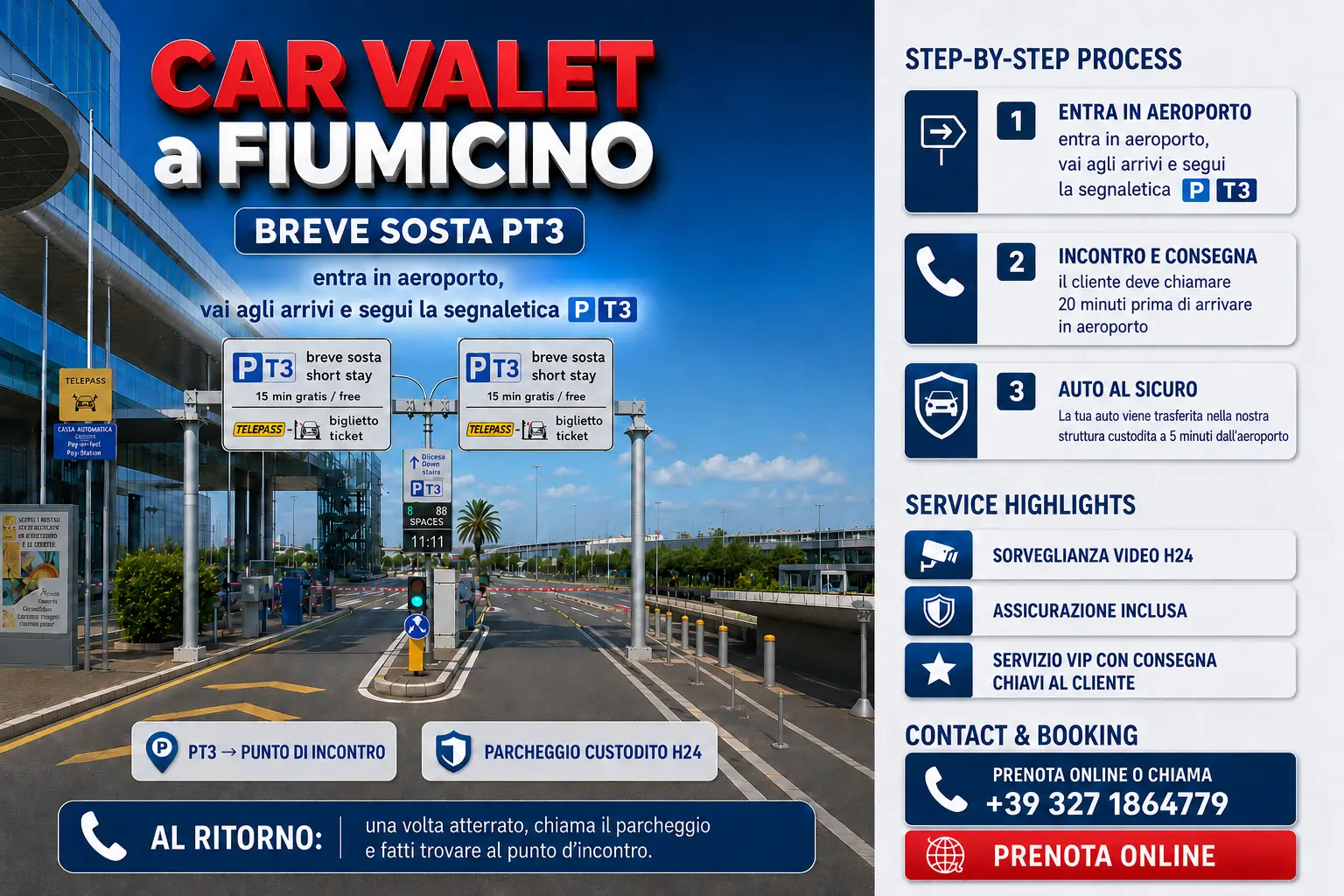 Car Valet a Fiumicino: entra in aeroporto, vai agli Arrivi, segui la segnaletica P-T3 Breve Sosta, chiama 20 minuti prima dell’arrivo, lascia l’auto al punto di incontro PT3. Numero +39 327 1864779.
